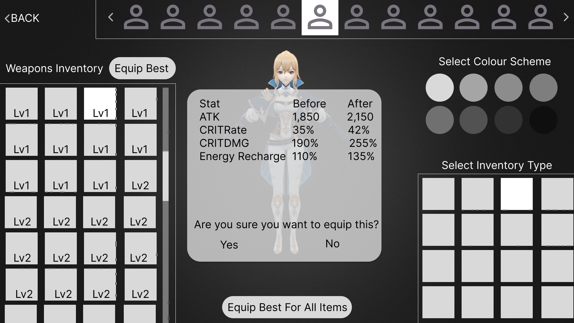 Change confirmation and stat comparison screen